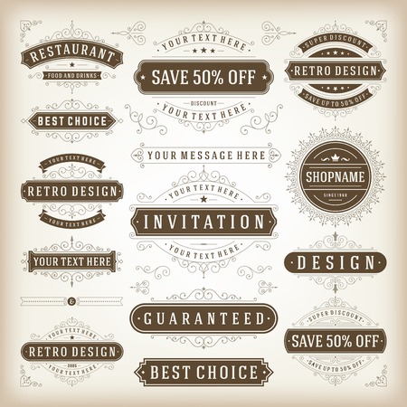 Vector vintage design elements. Premium quality labels, badges, icons, insignias, ornaments decorations, stamps, frames, sale signs best choice set. Retro style typographic flourishes elements.のイラスト素材