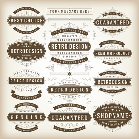 Vector vintage design elements. Premium quality labels, badges, icons, insignias, ornaments decorations, stamps, frames, sale signs best choice set. Retro style typographic flourishes elements.のイラスト素材