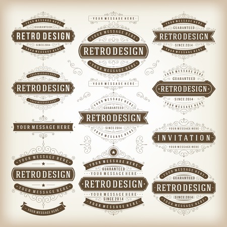 Vector vintage design elements. Premium quality labels, badges, logotypes, insignias, ornaments decorations, stamps, frames, sale signs best choice set. Retro style typographic flourishes elements.のイラスト素材
