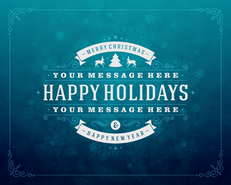 Christmas retro typography and light with snowflakes. Merry Christmas holidays wish greeting card design and vintage ornament decoration. Happy new year message. Vector background Eps 10.のイラスト素材