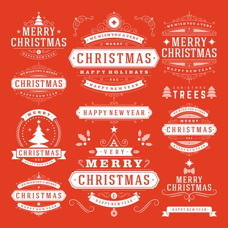 Christmas Decoration Vector Design Elements. Merry Christmas and happy holidays wishes.Typographic elements, vintage labels, frames, ornaments and ribbons, set. Flourishes calligraphic.のイラスト素材