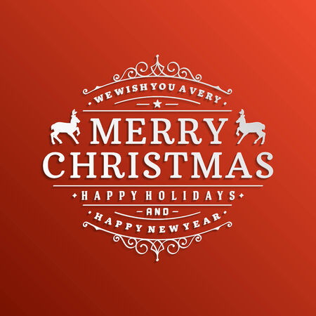 Christmas retro typography and ornament decoration. Merry Christmas holidays wish greeting card design and vintage background. Happy new year message. Vector illustration.のイラスト素材
