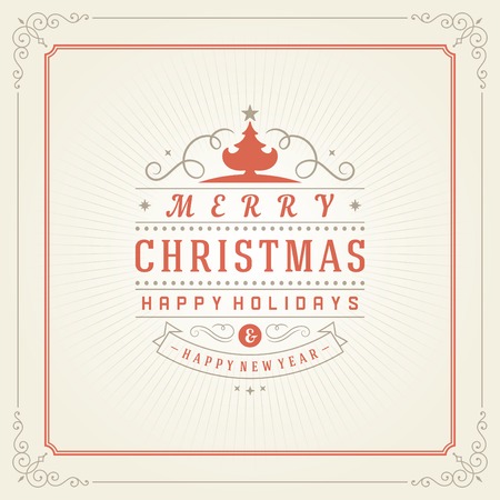 Christmas retro typography and ornament decoration. Merry Christmas holidays wish greeting card design and vintage background. Happy new year message. Vector illustration.のイラスト素材