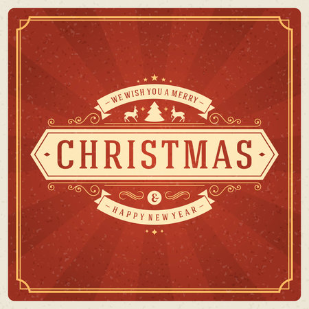 Christmas retro greeting card and ornament decoration. Merry Christmas holidays wish invitation design and vintage background. Happy new year message. Vector illustration.のイラスト素材