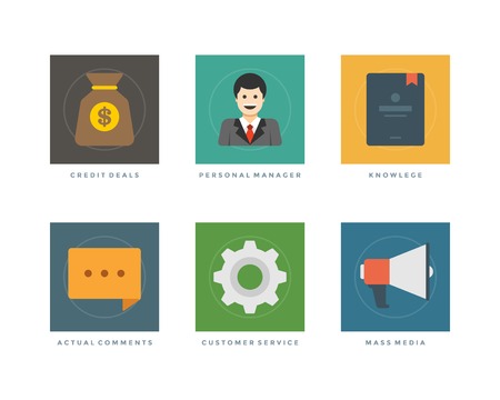 Business flat design icons, Credit Deals, Personal Manager, Knowlege, Actual Comments, Customer Service, Mass Media. Vector illustration for website and promotion banners.のイラスト素材