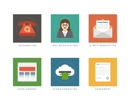 Business flat design icons, Telephone Customer Support, Online Education, E-mail Newsletter, Web Development, Cloud Computing, Agreement. Vector illustration for website and promotion banners.のイラスト素材