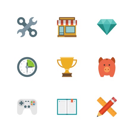 Flat design icons, Tools, Online Shop, Diamond, Clock, Trophy Cup, Piggy Money Box, Game Controller, Book, Pencil and Ruler. Vector business symbols for website and promotion banners.のイラスト素材
