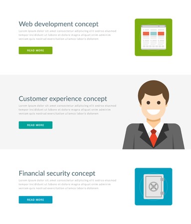 Website Headers or Promotion Banners Templates and Flat Icons Design. Web Development Site, Customer Experience Manager Character, Financial Securiry Safe. Vector Illustration.のイラスト素材