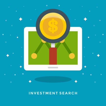 Flat design vector business illustration concept Investment search magnifying glass and money coin icon for website and promotion banners.のイラスト素材