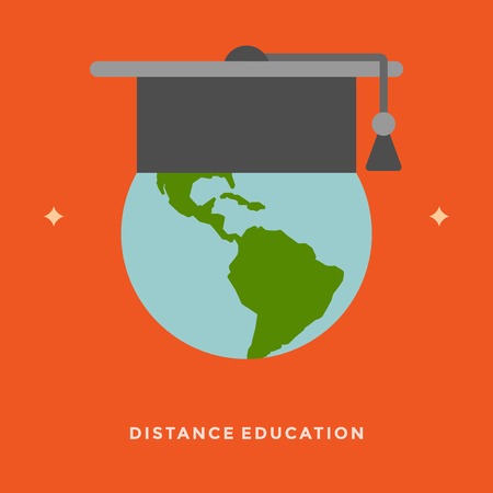 Flat design vector business illustration concept Distance education globe graduation cap for website and promotion banners.のイラスト素材