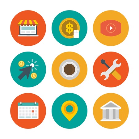 Flat design icons, Money Coin, Video Marketing, Shopping, Arrow Cursor, Coffee cup, Tools, Calendar, Map Pointer, Online Shopping, Exchange. Vector business symbols for website and promotion banners.のイラスト素材