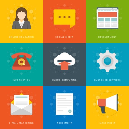 Flat design icons, Speech Bubble, Gear Options, Megaphone, Telephone, Teacher, Open Mail, Development, Cloud Computing Download, Coding. Vector business symbols for website and promotion banners.のイラスト素材