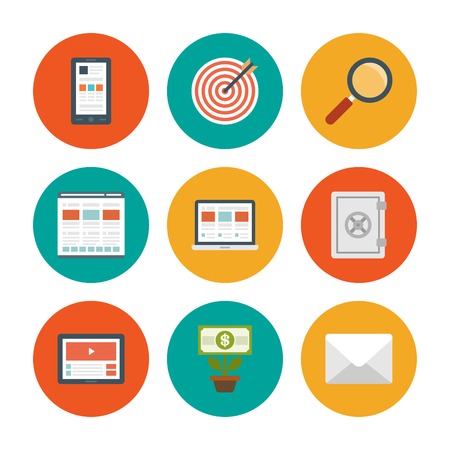 Flat design icons, Smart Phone, Target Dart, Search Magnifier Glass, Web Design, Laptop, Safe Security, Tablet Computer, Money Tree, E-mail. Vector business symbols for website and promotion banners.のイラスト素材