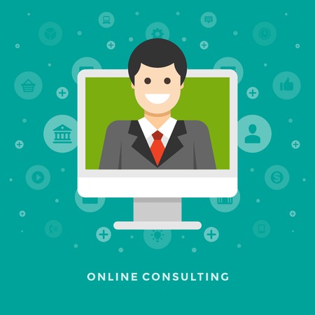Flat design vector business illustration concept Online consulting business man from coputer monitor screen for website and promotion banners.のイラスト素材