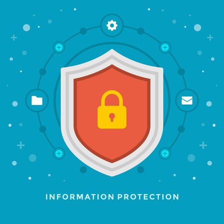 Flat design vector business illustration concept Information protection shield and lock icon for website and promotion banners.のイラスト素材