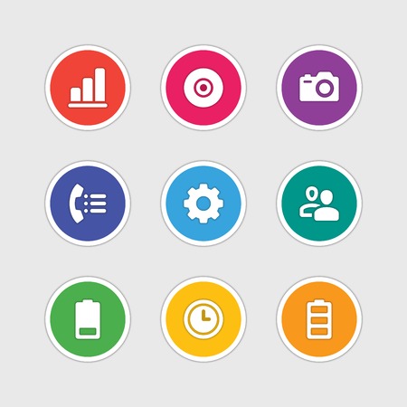 Material design style icons vector sign and symbols Graph, CD, Photo camera, Telephone, Gear, Users, Battery, Clock. Elements for website, web banners, mobile apps, ui and other design.のイラスト素材