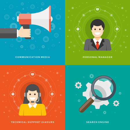 Website Promotion Banners Templates and Flat Icons Design. Communication media, Personal manager, Technical support, Search engine. Vector Illustrations set.のイラスト素材