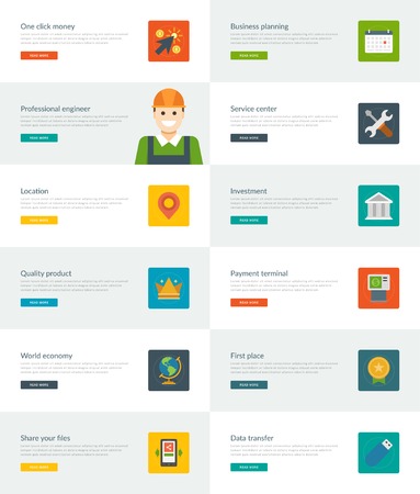 Website Headers or Promotion Banners Templates and Flat Icons Design. Business planning calendar, Service center tools, Investment building. Vector Illustration.のイラスト素材