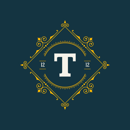 Flourishes calligraphic monogram emblem tdesign vector illustration. Good for Royal sign, Restaurant, Boutique, Cafe, Hotel, Heraldic, Jewelry, Fashionのイラスト素材