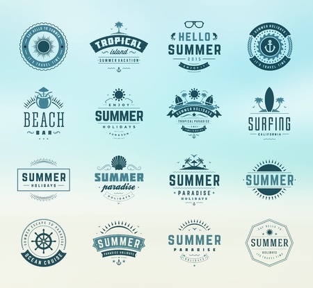 Summer holidays design elements and typography set. Retro and vintage templates. Labels, Badges, Posters, T-shirts, Apparel. Vector set. Beach vacation, party, travel, tropical paradise, adventure.のイラスト素材