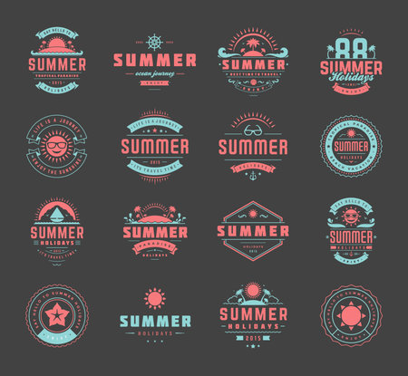 Summer holidays design elements and typography set. Retro and vintage templates. Labels, Badges, Posters, T-shirts, Apparel. Vector set. Beach vacation, party, travel, tropical paradise, adventure.のイラスト素材