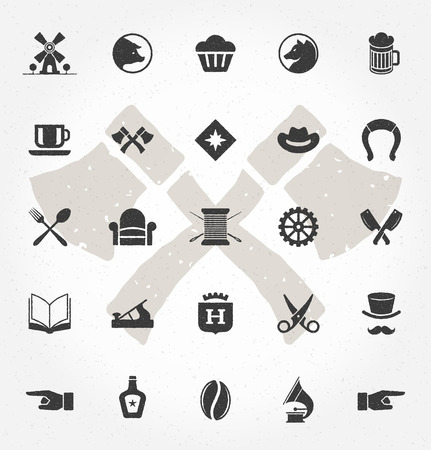 Retro Hand Drawn Objects and Icons Vector Design Elements. Signs and Symbols for design Vintage Logotypes, Business signs, Identity, Labels, Badges and other design.のイラスト素材