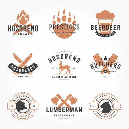 Set hand drawn style retro logos or badges. Vector design elements.のイラスト素材
