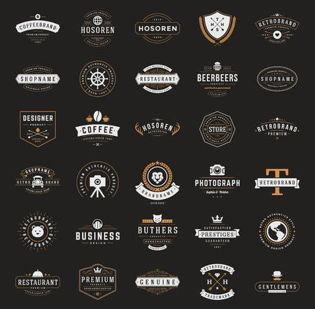 Retro Vintage Logotypes or insignias set. Vector design elements, business signs, logos, identity, labels, badges, ribbons, stickers and other branding objects.のイラスト素材