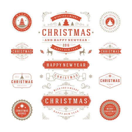 Christmas Labels and Badges Vector Design. Decorations elements, Symbols, Icons, Frames, Ornaments and Ribbons, set. Typographic Merry Christmas and Happy Holidays wishes.のイラスト素材