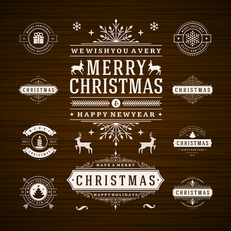 Christmas Decorations Vector Design Elements. Typographic elements, Symbols, Icons, Vintage Labels, Badges, Frames, Ornaments set. Flourishes calligraphic. Merry Christmas and Happy Holidays wishes.のイラスト素材
