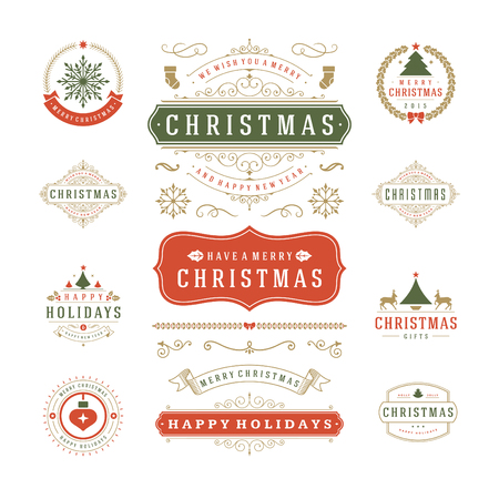 Christmas Labels and Badges Vector Design. Decorations elements, Symbols, Icons, Frames, Ornaments and Ribbons, set. Typographic Merry Christmas and Happy Holidays wishes.のイラスト素材