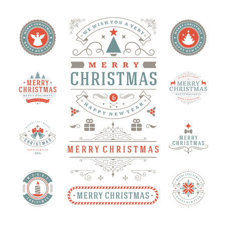 Christmas Labels and Badges Vector Design. Decorations elements, Symbols, Icons, Frames, Ornaments and Ribbons, set. Typographic Merry Christmas and Happy Holidays wishes.のイラスト素材