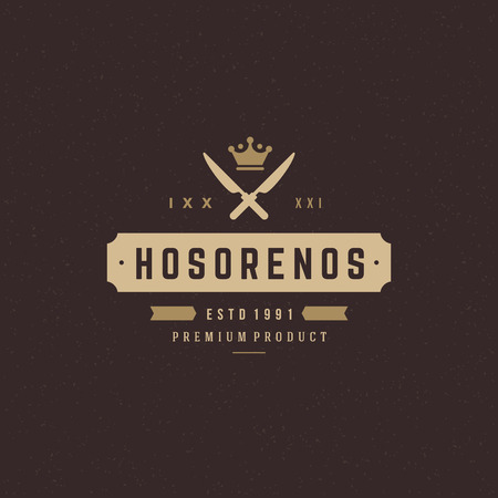 Restaurant Shop Design Element in Vintage Style for Logotype, Label, Badge and other design. Two knifes and crown retro vector illustration.のイラスト素材