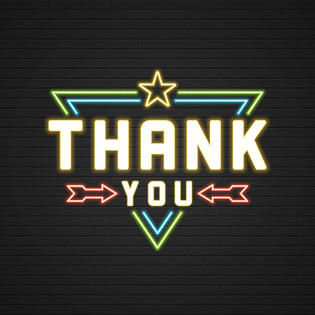 Retro Thank You Message Sign Design. Signage Light Bulbs Frame and Neon Lamps on brick wall background. American advertisement style vector illustration. Thank You Card Note, Thank You Background.のイラスト素材