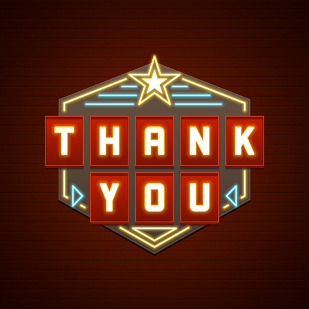Retro Thank You Message Sign Design. Signage Light Bulbs Frame and Neon Lamps on brick wall background. American advertisement style vector illustration. Thank You Card Note, Thank You Background.のイラスト素材