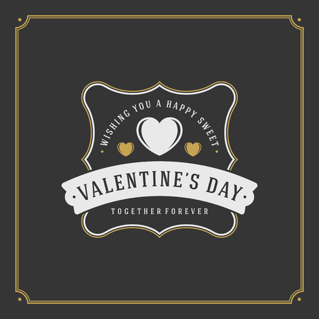 Happy Valentines Day greeting card or poster vector illustration. Retro typographic design and heart shape golden style on black background.のイラスト素材
