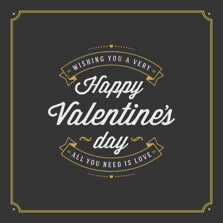 Happy Valentines Day greeting card or poster vector illustration. Retro typographic design and heart shape golden style on black background.のイラスト素材
