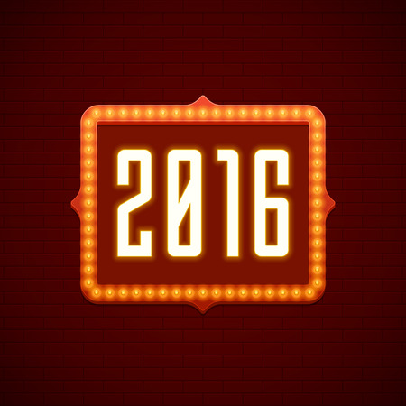 Happy New Year 2016 Greeting Card 3d Signage Letters LIght Bulbs Retro Style. Good for Party Poster, Banner, Invitation Design. Numbers 2016, New Year 2016, Happy New Year Vector. Vector Background.のイラスト素材
