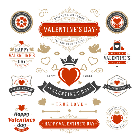 Valentine's Day Labels and Cards Set, Heart Icons Symbols, Greetings Cards, Silhouettes, Retro Typography Vector Design Elements. Valentines day cards, Valentines Badges, Valentines Day Vector Labels.のイラスト素材