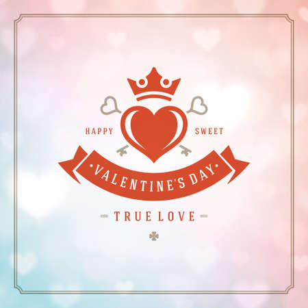 Valentines Day greeting card or poster vector illustration. Retro typographic design and Red Bokeh Lights Hearts Sparkles background. Happy Valentines Day background, Valentines Card, Love Concept.のイラスト素材
