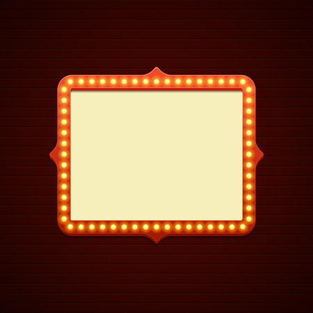 Retro Showtime Sign Design. Cinema Signage Light Bulbs Frame and Neon Lamps on brick wall background. American advertisement style vector illustration. 1950s Sign Design, Retro Signage, Sale.のイラスト素材