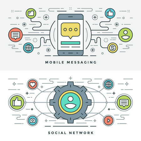 Flat line Social Media and Mobile Messaging. Vector illustration. Modern thin linear stroke vector icons. Website Header Graphics, Banner, Infographics Design, Promotional Materials. Vector Icons.のイラスト素材