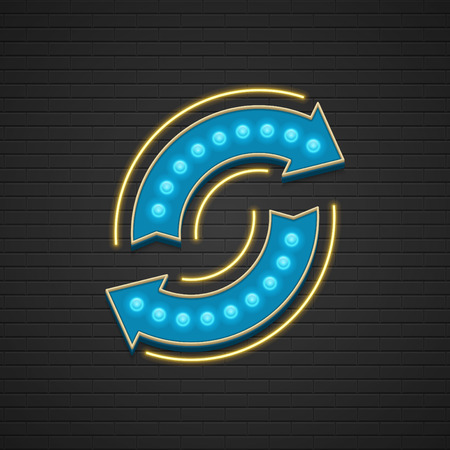 Retro Showtime Sign Design. Arrows Cinema Signage Light Bulbs and Neon Lamps on brick wall background. American advertisement style vector illustration.のイラスト素材