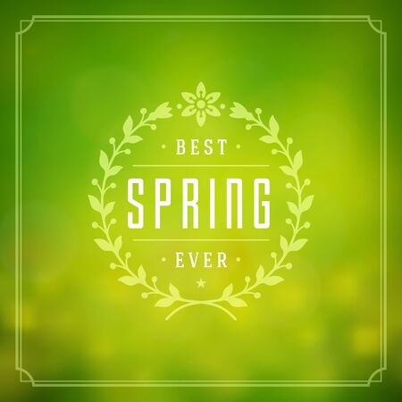 Spring Vector Typographic Poster or Greeting Card Design. Beautiful Blurred Lights with Bokeh and Flower Field. Spring Background, Spring Label, Spring Flowers, Spring Sale, Spring Advertising.のイラスト素材