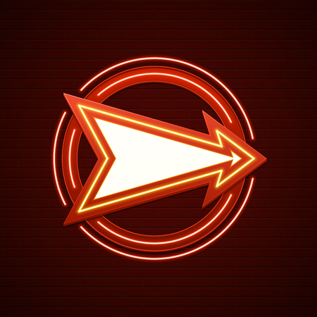 Retro Showtime Sign Design. Arrow Cinema Signage Light Bulbs and Neon Lamps on brick wall background. American advertisement style vector illustration.のイラスト素材