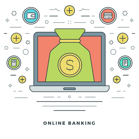 Flat line Banking and Financial Management Concept Vector illustration. Modern thin linear stroke vector icons. Website Graphics, Banner, Infographics Design, Promotional Material. Money Icons.のイラスト素材