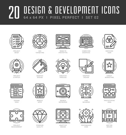 Line icons set. Trendy Modern flat thin linear stroke vector Design and Development concept. For website graphics, Mobile Apps, Infographics design, Brochures. Outline pictogram packのイラスト素材