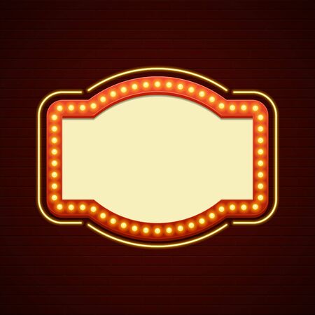 Retro Showtime Sign Design. Cinema Signage Light Bulbs Frame and Neon Lamps on brick wall background. American advertisement style vector illustration. 1950s Sign Design, Retro Signage, Sale.のイラスト素材