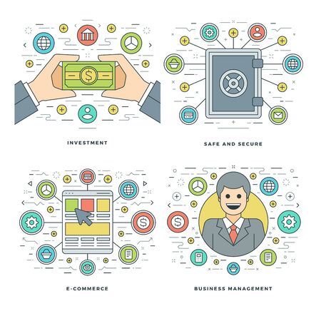 Flat line Investment, Security, E-commerce, Management Business Concepts Set Vector illustrations. Modern thin linear stroke vector icons. Website Header Graphics, Banner, Infographics Design.のイラスト素材