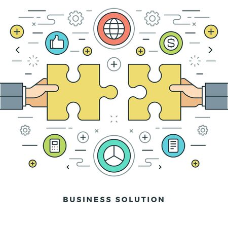 Flat line Business Solution Concept Vector illustration. Modern thin linear stroke vector icons. Website Header Graphics, Banner, Infographics Design, Promotional Materials. Vector Icons.のイラスト素材